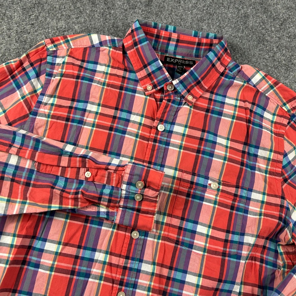 Express Button Down Shirt Mens L Red Plaid Long Sleeve Cotton Casual Preppy